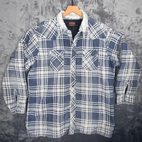 Wrangler Other - Wrangler Mens Quilted Lined Flannel Shirt Jacket XXL Blue Plaid Western Vintage